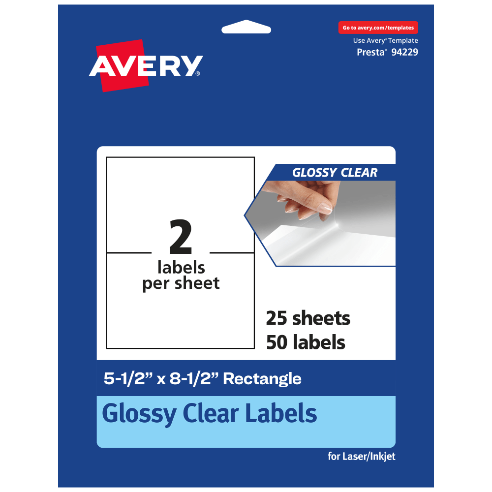 Avery Glossy Permanent Labels, 94229-CGF25, Rectangle, 5-1/2in x 8-1/2in, Clear, Pack Of 50