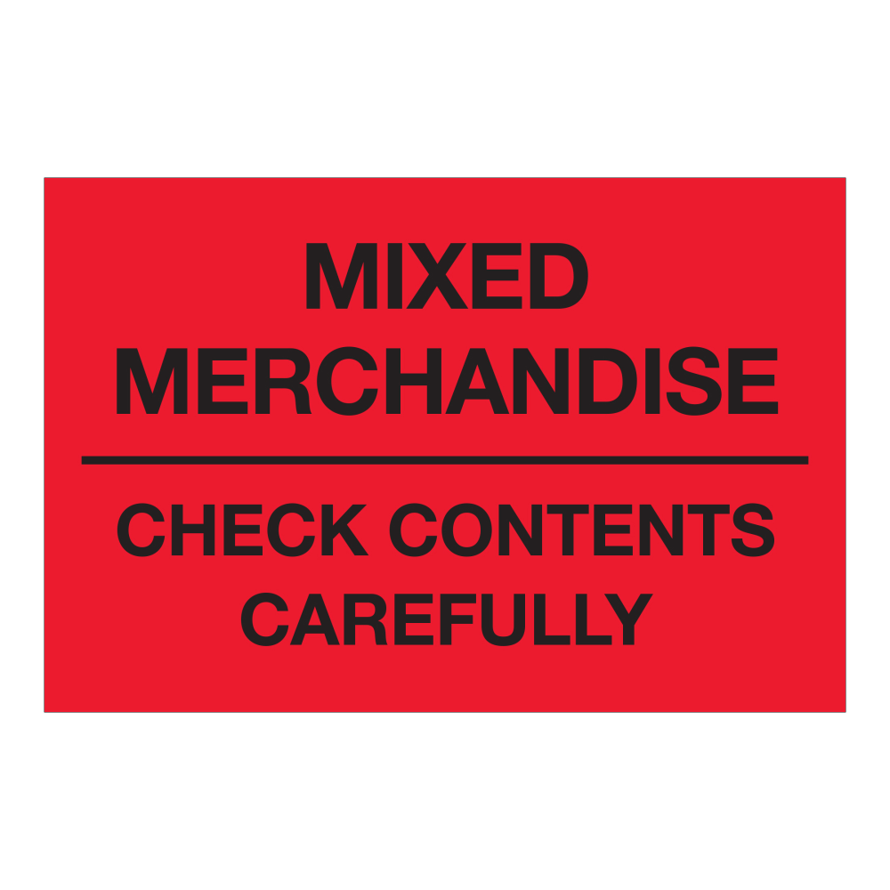 Tape Logic Preprinted Labels, "Mixed Merchandise Check Contents Carefully", DL1621, Rectangle, 2in x 3in, Fluorescent Red, Roll Of 500 Labels