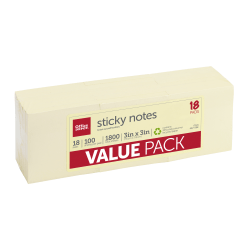 Office Depot Brand Sticky Notes Value Pack, 30% Recycled, 3in x 3in, Yellow, 100 Sheets Per Pad, Pack Of 18 Pads