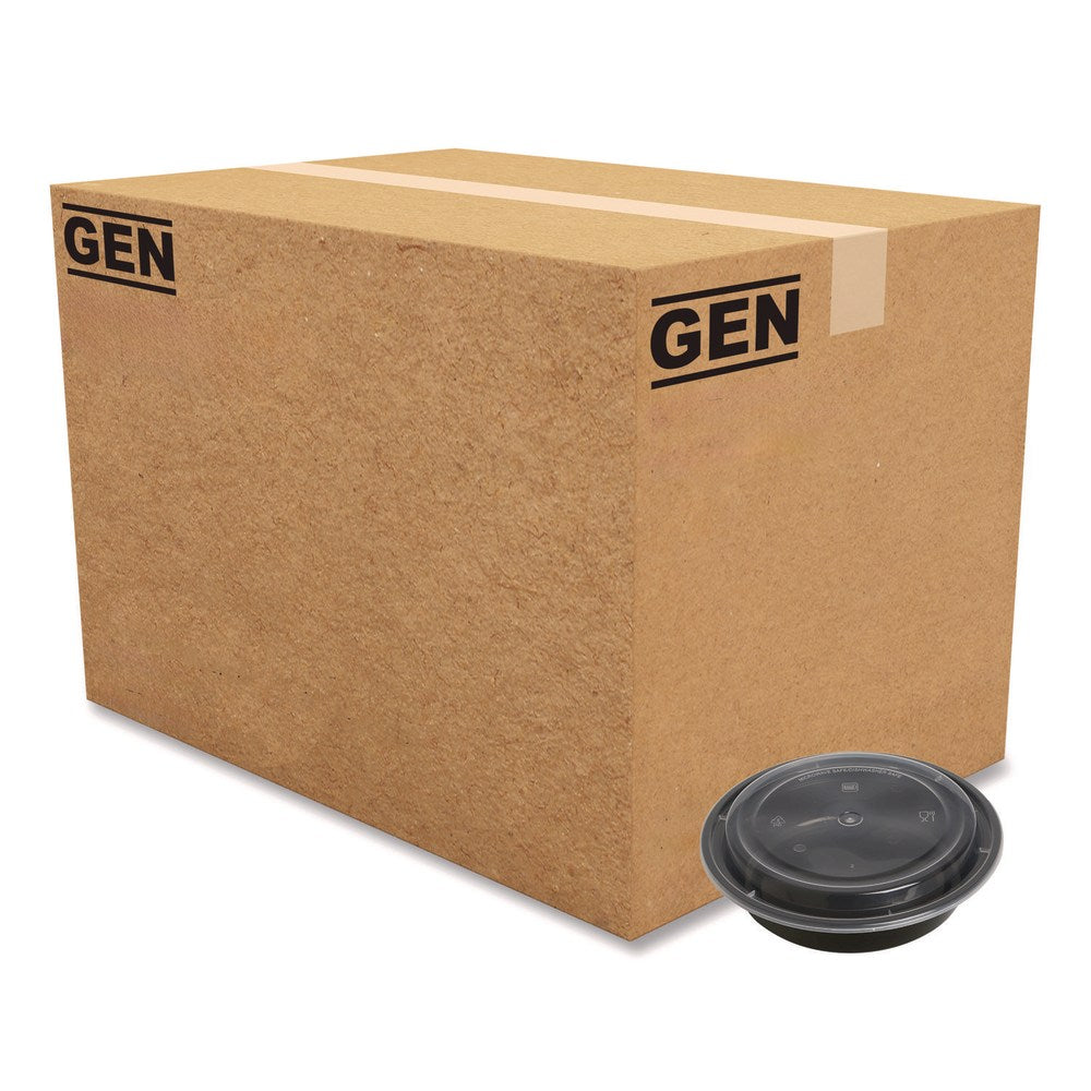GEN Plastic Food Containers With Lids, 24 Oz, 2inH x 7-5/16inW x 7-5/16inD, Black/Clear, Pack Of 150 Containers