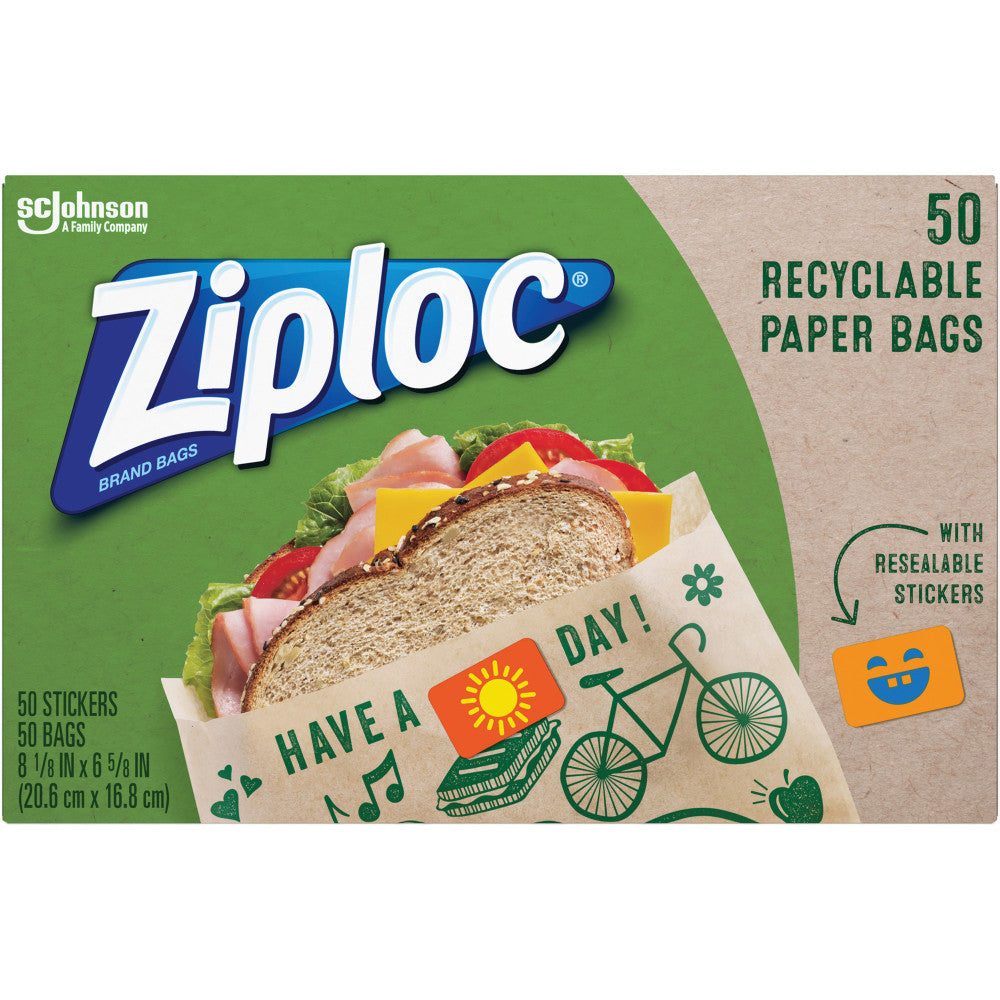 Ziploc Recyclable Paper Sandwich Bags, Brown, Box Of 50 Bags