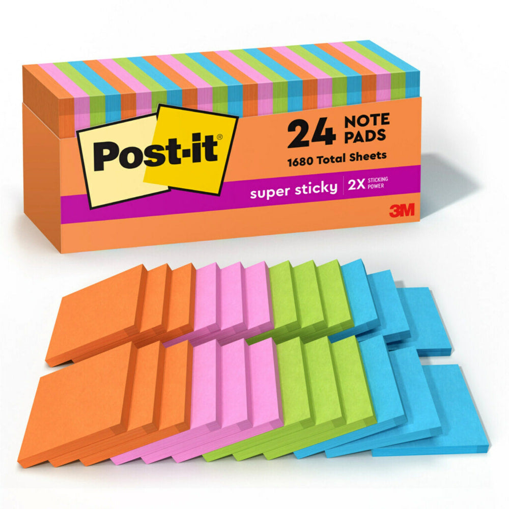 Post-it Super Sticky Notes, 3 x 3 in, 24 Sticky Note Pads, 70 Sheets/Pad, 2x the Sticking Power, Back to School Supplies, Energy Boost