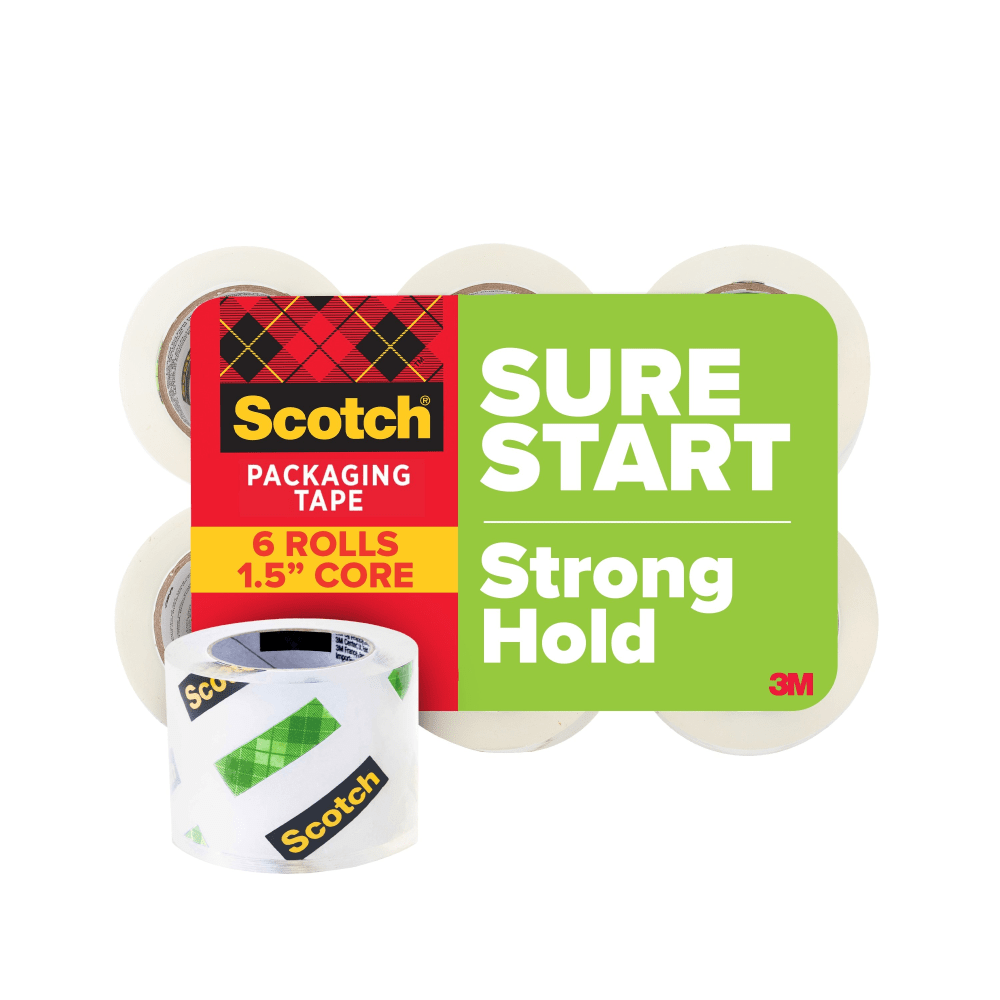 Scotch Sure Start Packaging Tape - 22.20 yd Length x 1.88in Width x 2.6 mil Thickness - 1 1/2in Core - Clear - Synthetic Rubber Resin - 6 / Pack