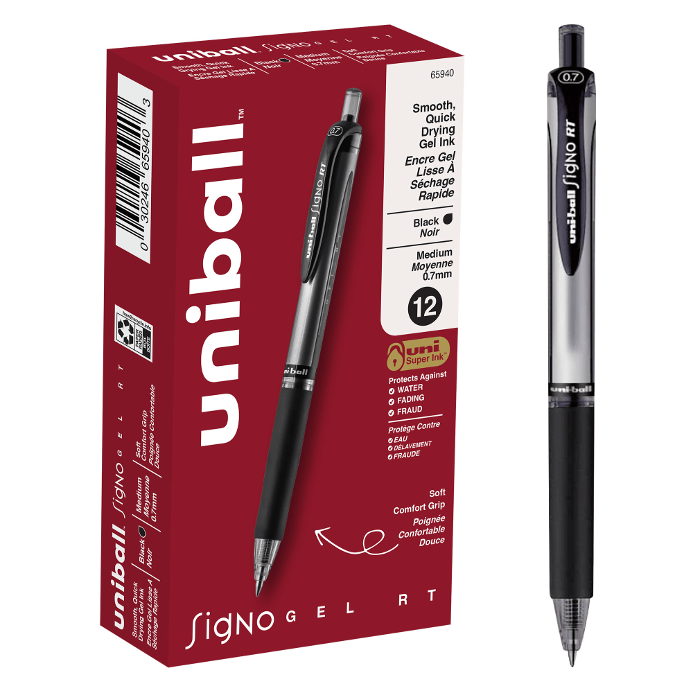 uni-ball Signo Gel RT Retractable Pens, Medium Point, 0.7 mm, Silver Barrel, Black Ink, Pack Of 12 Pens