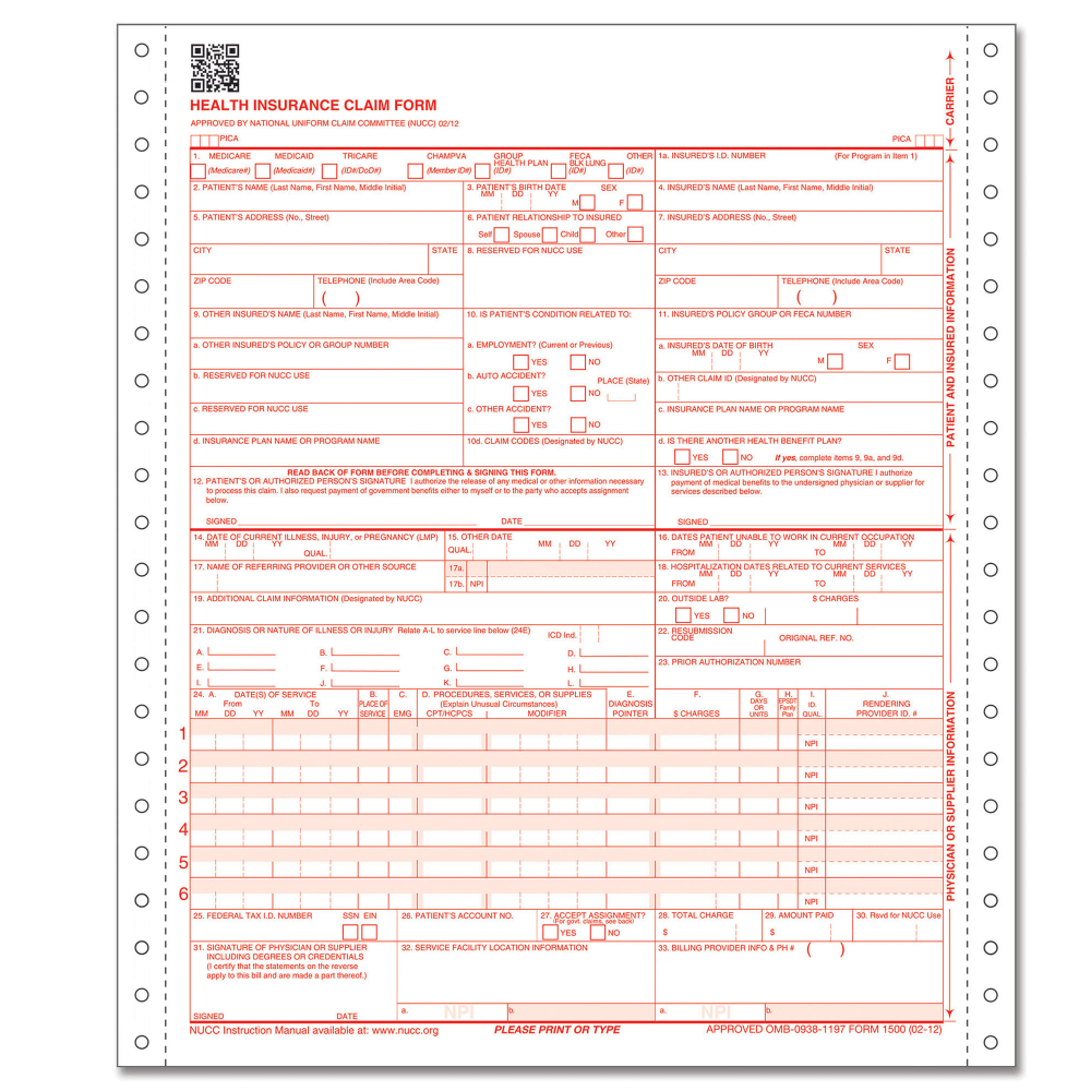 ComplyRight CMS-1500 Health Insurance Claim Form (02/12), 1-Part Continuous, 8 1/2in x 11in, White, Case Of 1,000