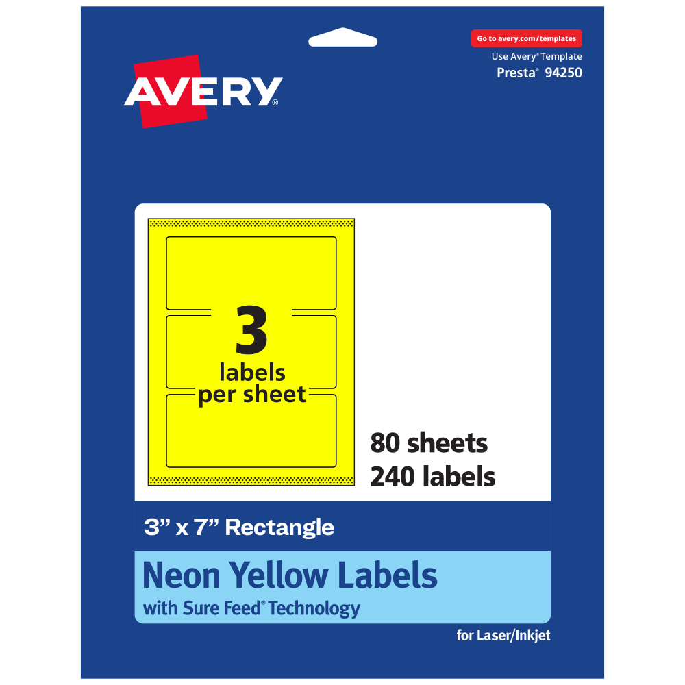 Avery Print-To-The-Edge Labels With Sure Feed Technology, 94250-NYP80, Rectangle, 3in x 7in, Matte Neon Yellow, Pack of 240