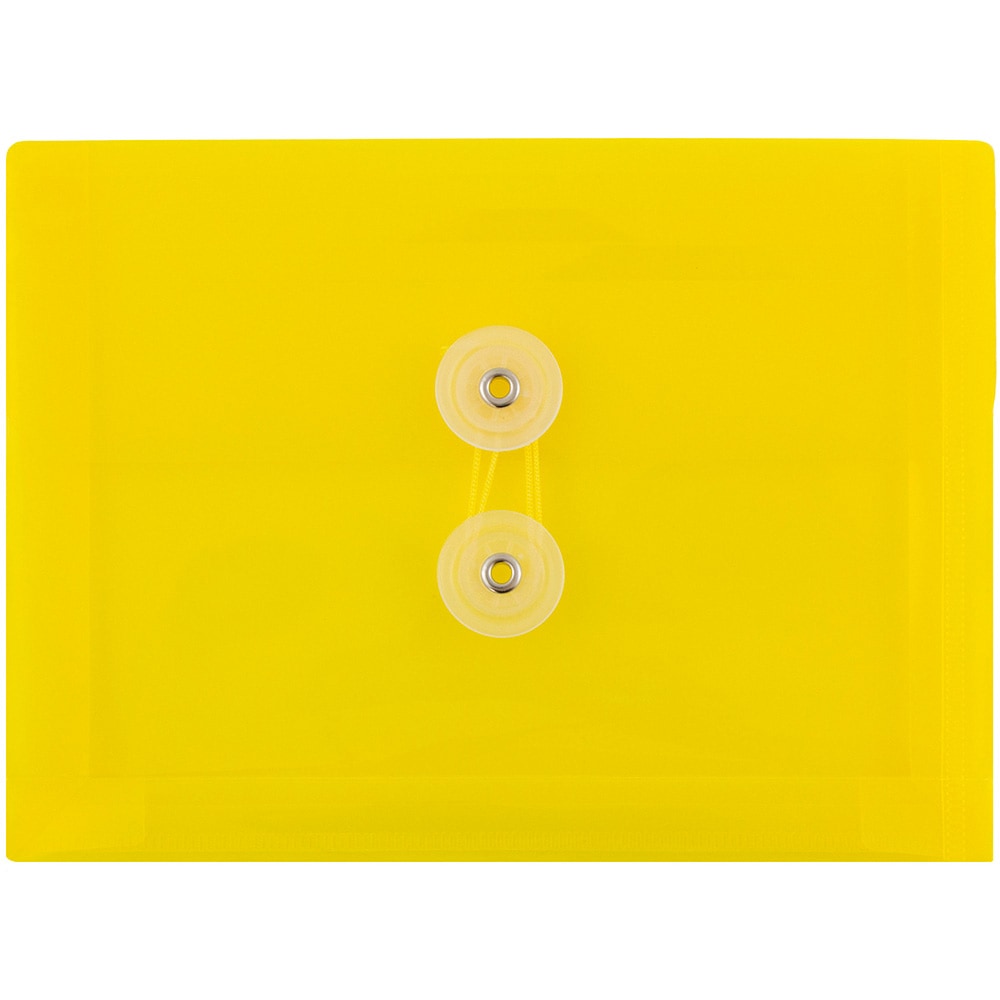 JAM Paper Index Booklet Plastic Envelopes, 5 1/2in x 7 1/2in, Button & String Closure, Yellow, Pack Of 12