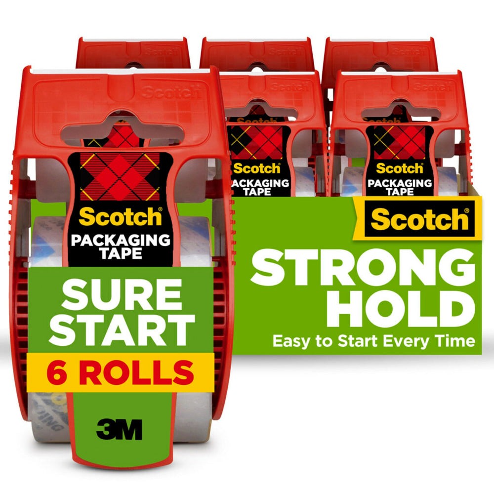 Scotch Sure Start Shipping Packaging Tape, 1.88 in x 22.2 yd, 6 Tape Rolls, Quiet Unwind and Easy Start, Packaging Tape for Shipping and Moving