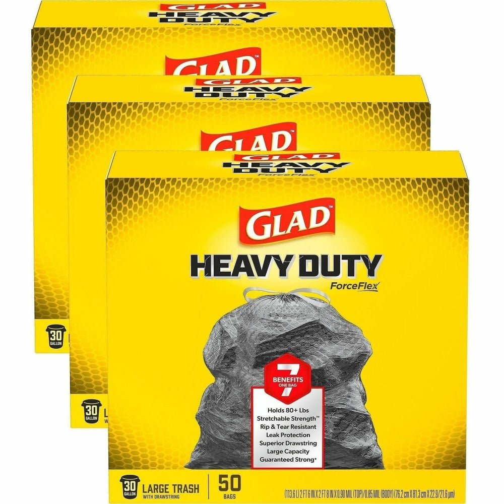 Glad ForceFlex Heavy Duty Large Drawstring Trash Bags, Hold 80+ Pounds, 30 Gal, 50 Ct, Pack of 3