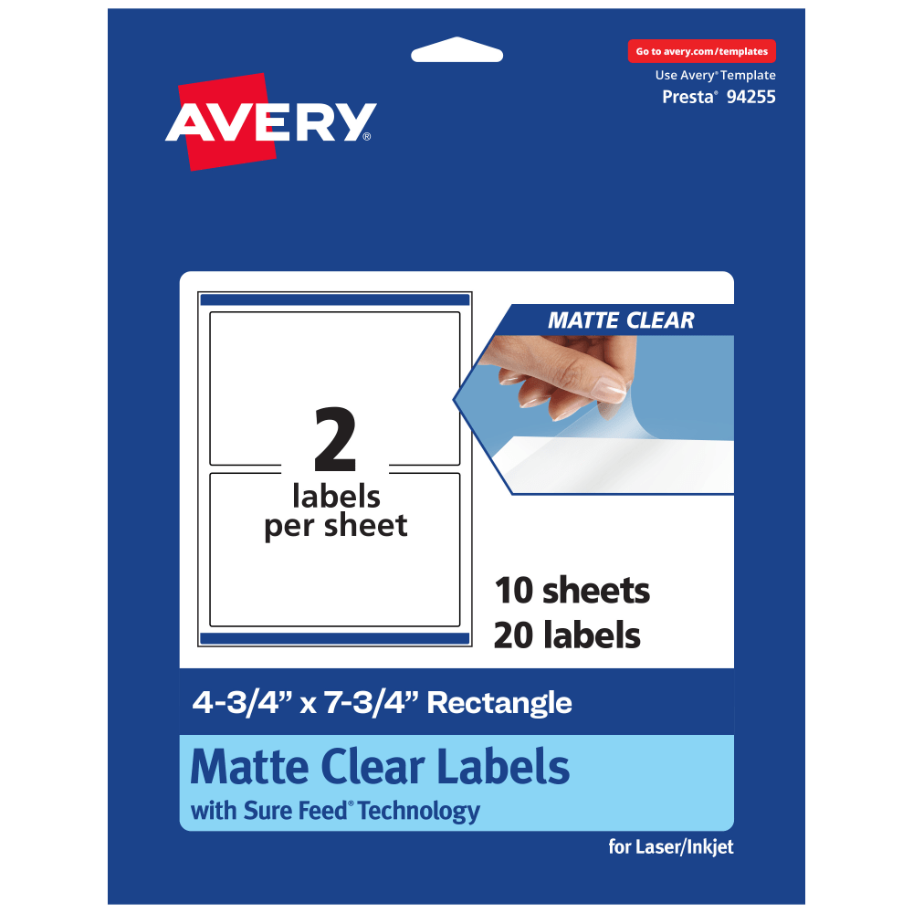 Avery Permanent Labels With Sure Feed, 94255-CMF10, Rectangle, 4-3/4in x 7-3/4in, Matte Clear, Pack Of 20