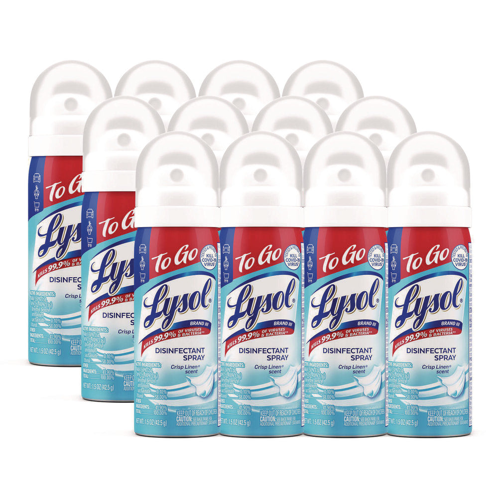 LYSOL Brand Disinfectant Spray To Go, Crisp Linen Scent, 1.5 oz Aerosol Spray, 12/Carton