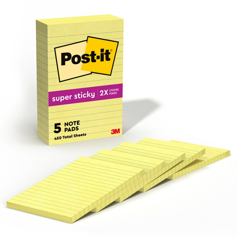 Post-it Super Sticky Notes, 4 x 6 in, 5 Lined Sticky Note Pads, 90 Sheets/Pad, 2x the Sticking Power, Back to School Supplies, Canary Yellow