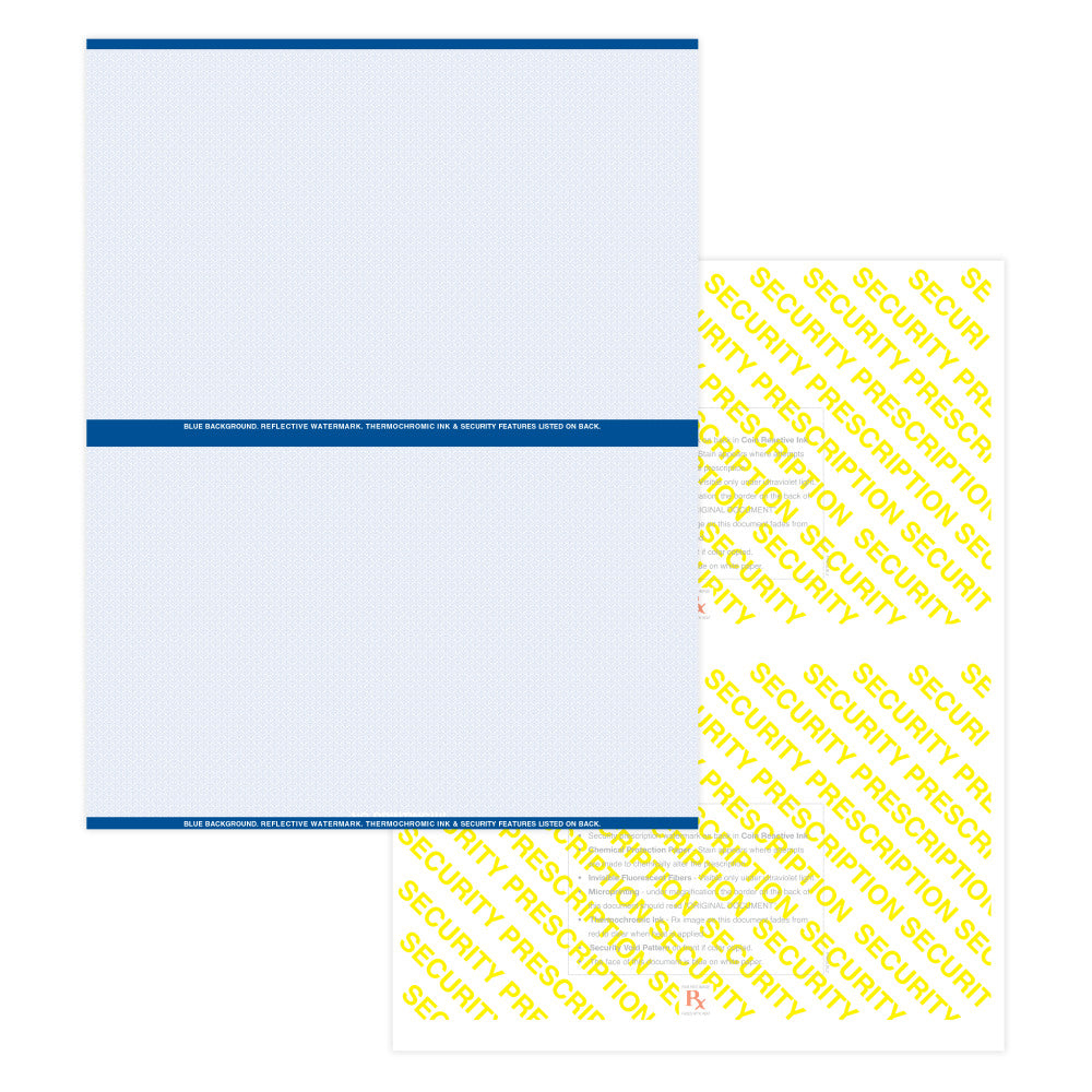 High Security Medicaid Compliant Laser RX Prescription Paper Stock - 2 Up On 8.5in x 11in Perforated Sheet, Blue, Pack Of 1,000 Sheets