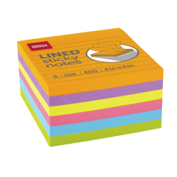 Office Depot Brand Lined Sticky Notes, 4in x 4in, Assorted Vivid Colors, 100 Sheets Per Pad, Pack Of 6 Pads