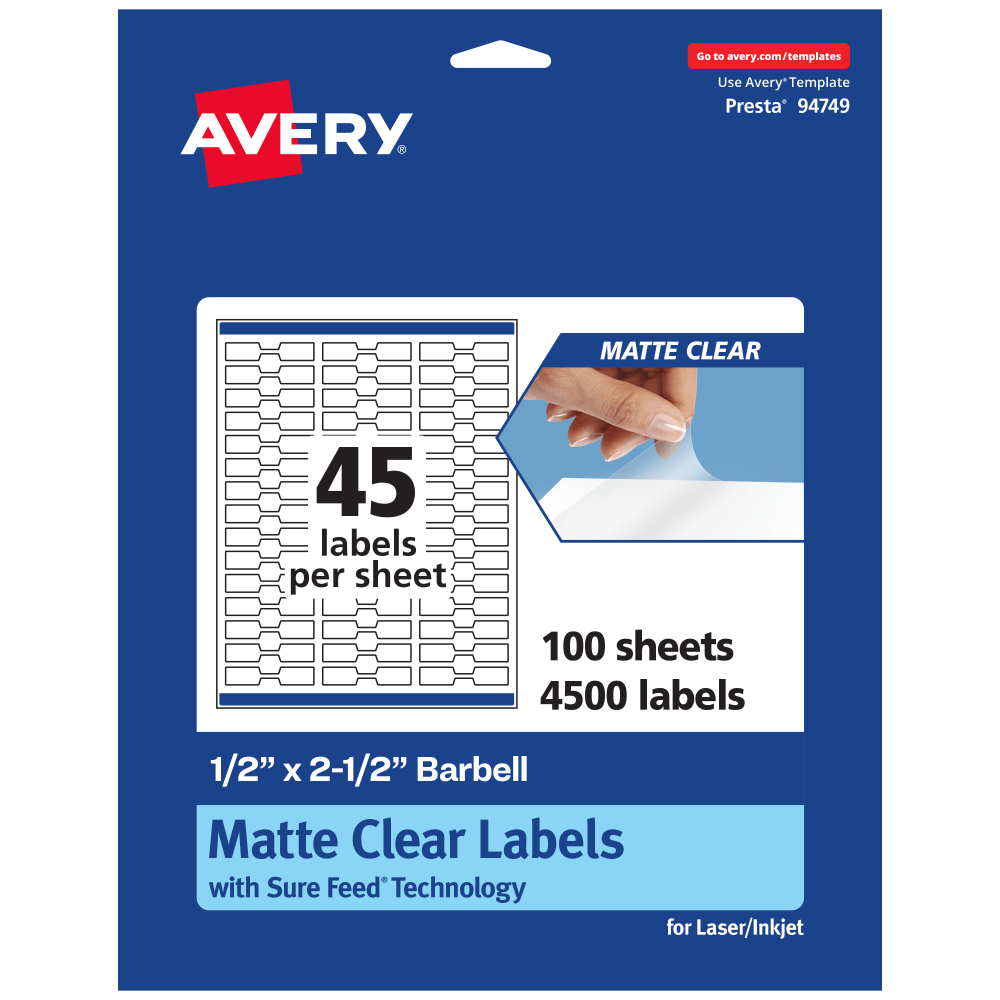 Avery Permanent Labels With Sure Feed, 94749-CMF100, Barbell, 1/2in x 2-1/2in, Matte Clear, Pack Of 4,500