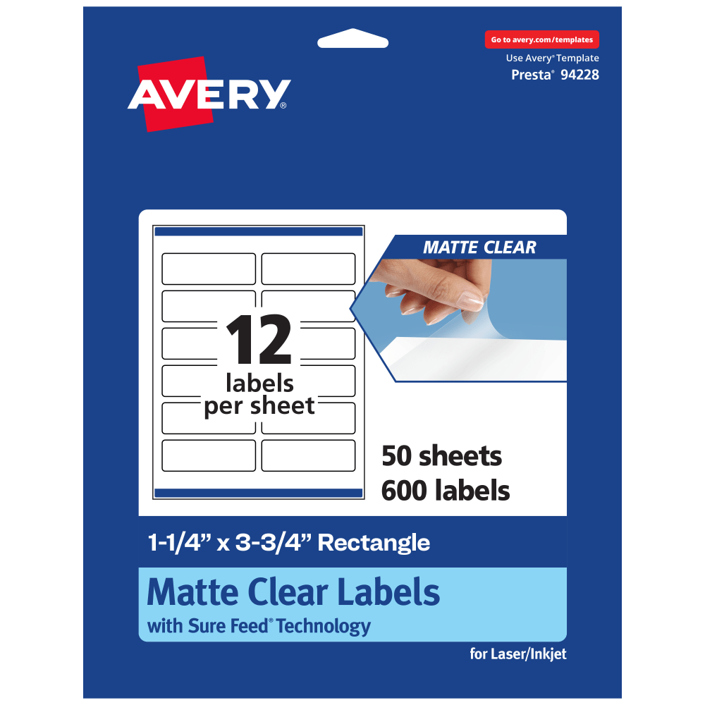 Avery Permanent Labels With Sure Feed, 94228-CMF50, Rectangle, 1-1/4in x 3-3/4in, Matte Clear, Pack Of 600