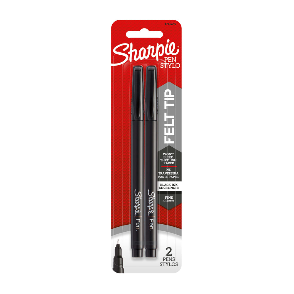 Sharpie Fine-Point Pens, Fine Point, 0.4 mm, Black Barrels, Black Ink, Pack Of 2