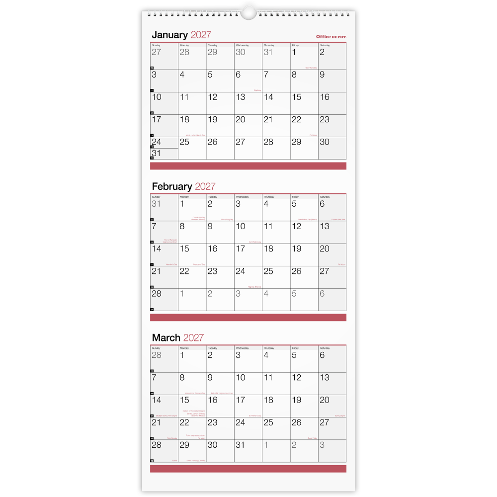Office Depot Brand 3-Month Monthly Wall Calendar, 12in x 27in, White, January 2027 to December 2027, OD30302827