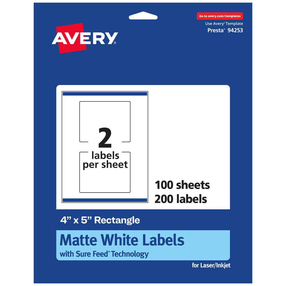 Avery Permanent Labels With Sure Feed, 94253-WMP100, Rectangle, 4in x 5in, White, Pack Of 200