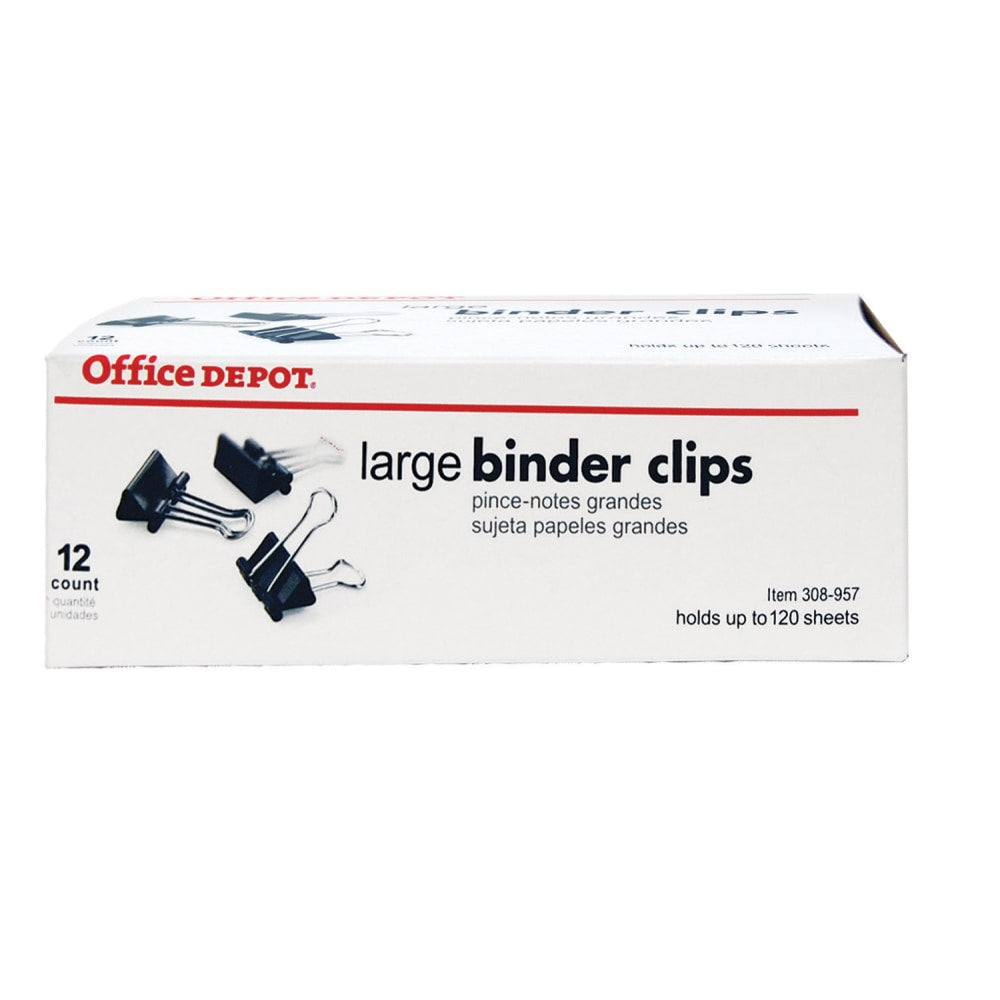 Office Depot Brand Binder Clips, Large, 2in Wide, 1in Capacity, Black, Box Of 12