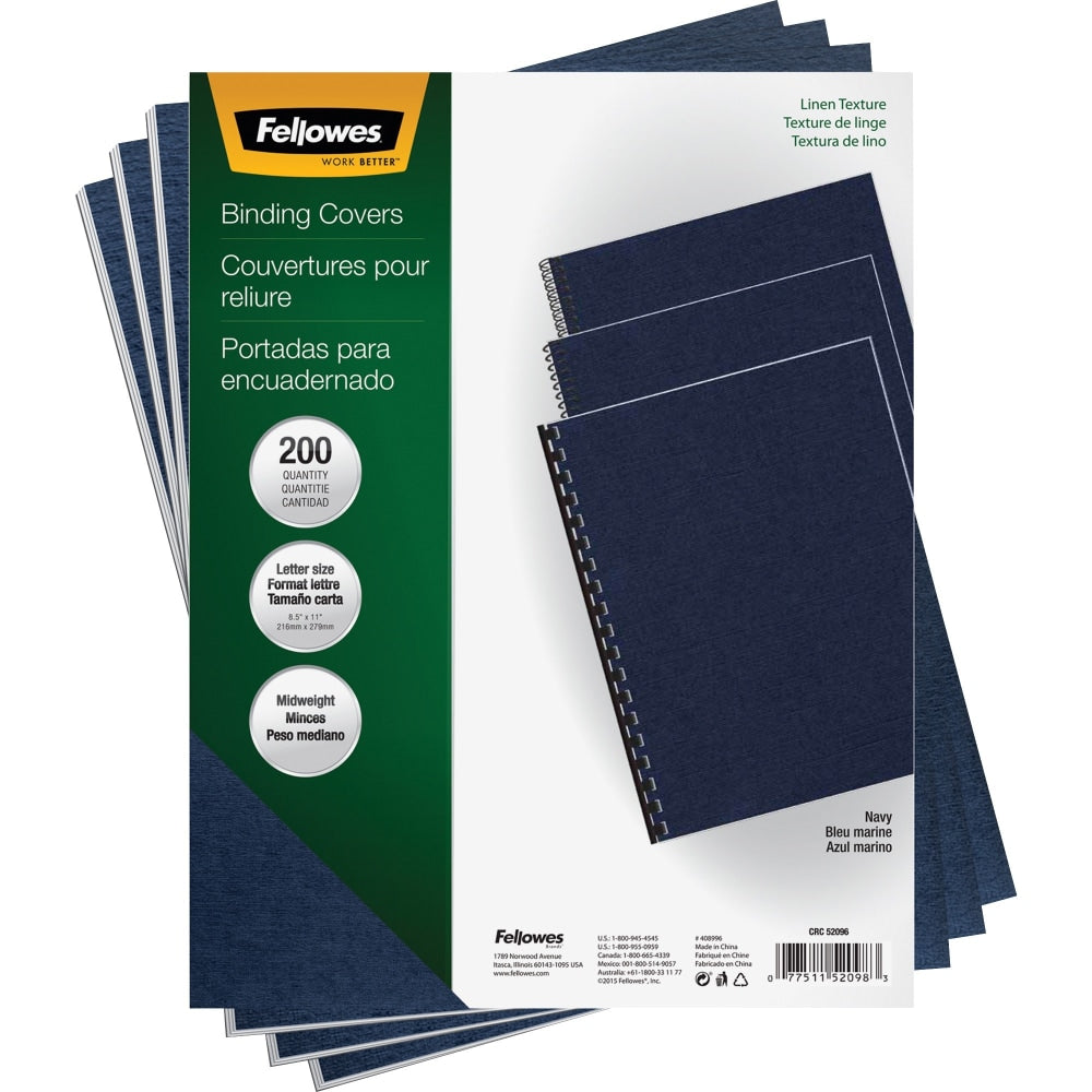 Fellowes Linen Classic Presentation Covers, 8 1/2in 11in, Navy, Pack Of 200
