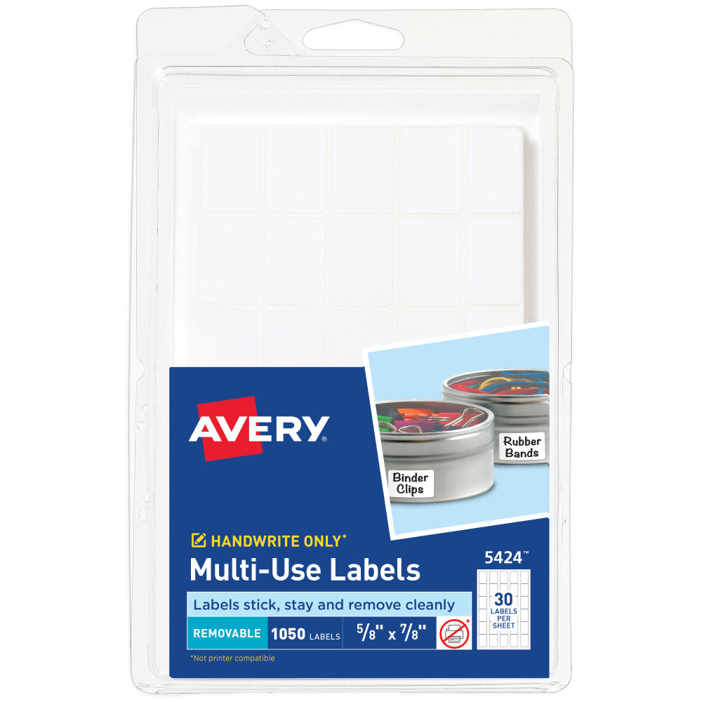 Avery Removable Labels, Non-Printable, 5424, Rectangle, 5/8in x 7/8in, White, Pack Of 1,050 Small Stickers