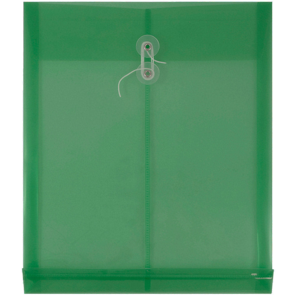 JAM Paper Open-End Plastic Envelopes, Letter-Size, 9 3/4in x 11 3/4in, Button & String Closure, Green, Pack Of 12