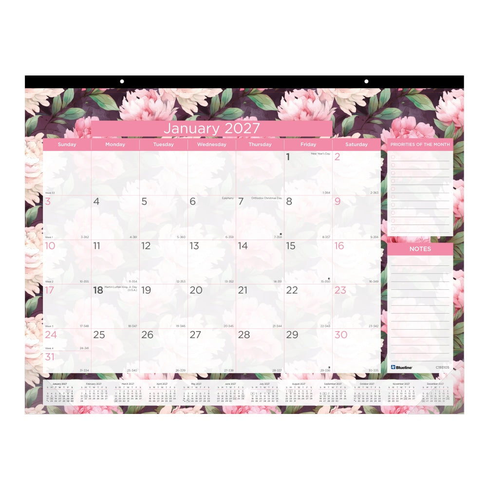 2027 Blueline Monthly Desk Pad Calendar, 22in x 17in, Pink, January To December, C193105, Total Qty 1