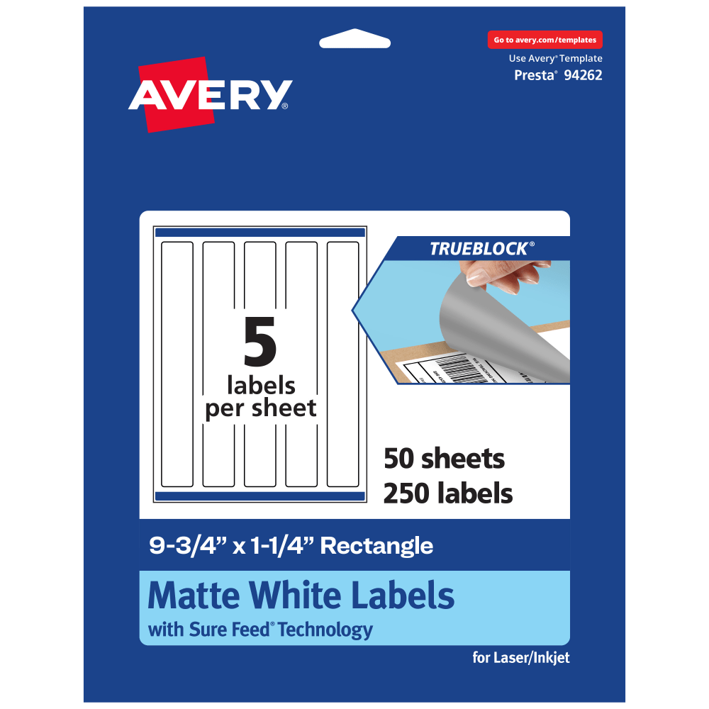 Avery Print-To-The-Edge TrueBlock Labels With Sure Feed, 94262-TWMP50, Rectangle, 9-3/4in x 1-1/4in, Matte White, Pack Of 250