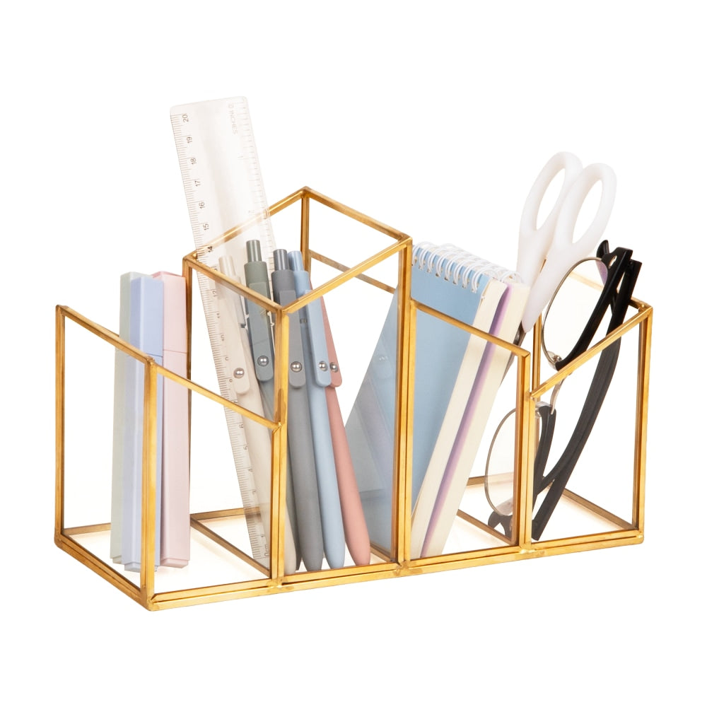 Mind Reader 4-Compartment Angled Glass Pen Holder With Copper Trim, 5-7/8inH x 9-1/2inW x 3-7/8inD, Clear, Total Quantity 1