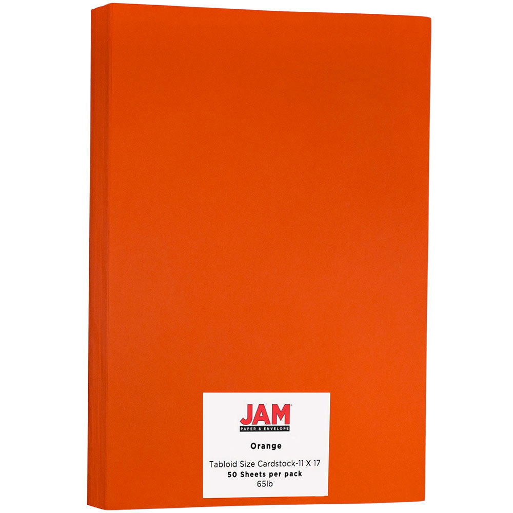 JAM Paper Card Stock, Orbit Orange, Ledger (11in x 17in), 65 Lb, 30% Recycled, Pack Of 50