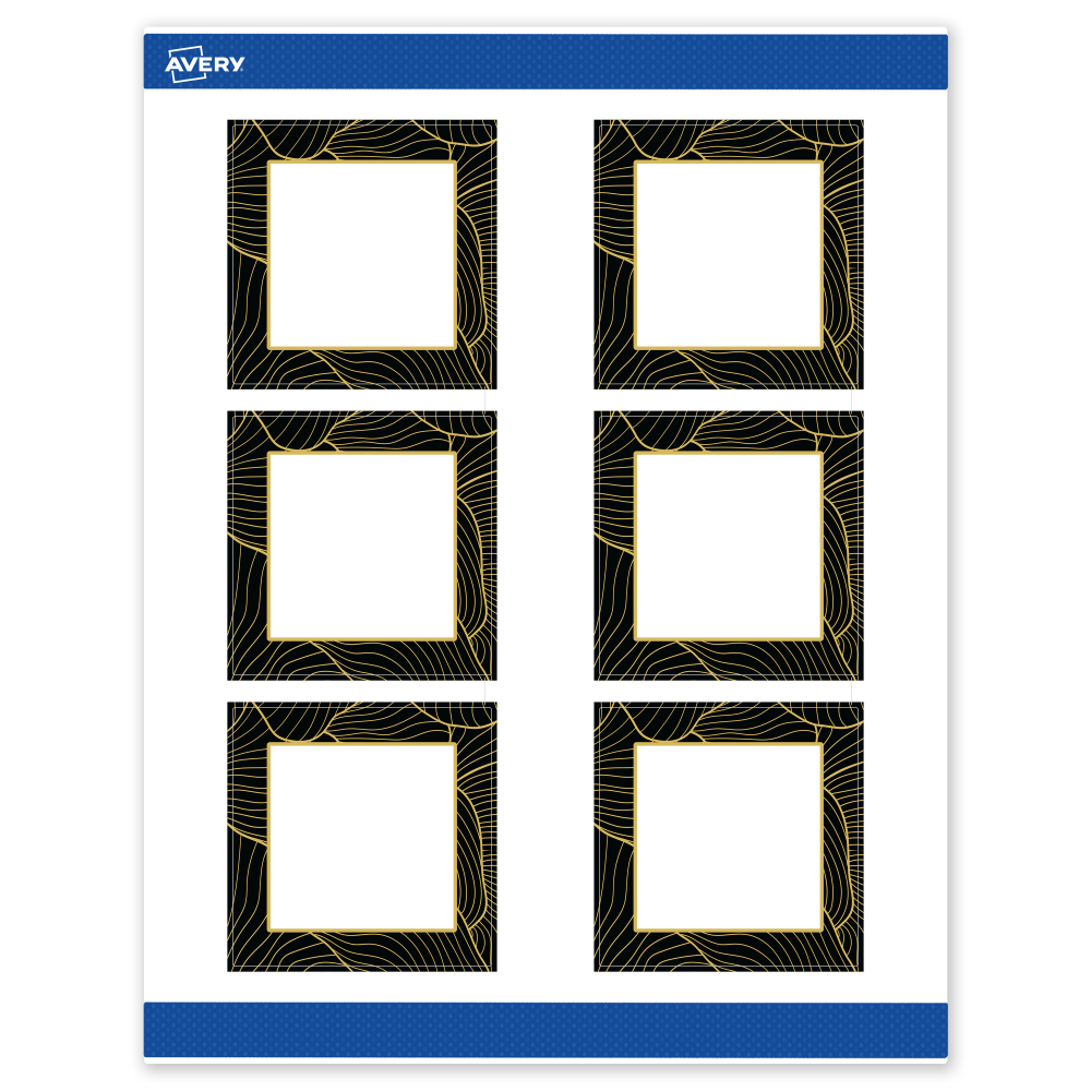 Avery Printable Labels With Sure Feed Technology, S00-ETD, Square, 3in x 3in, Matte White With Preprinted Black/Gold Vein Border, Pack Of 60