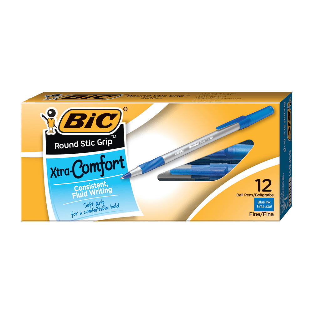 BIC Round Stic Grip Xtra-Comfort Ballpoint Pens, Fine Point, 0.8 mm, Gray Barrel, Blue Ink, Pack Of 12