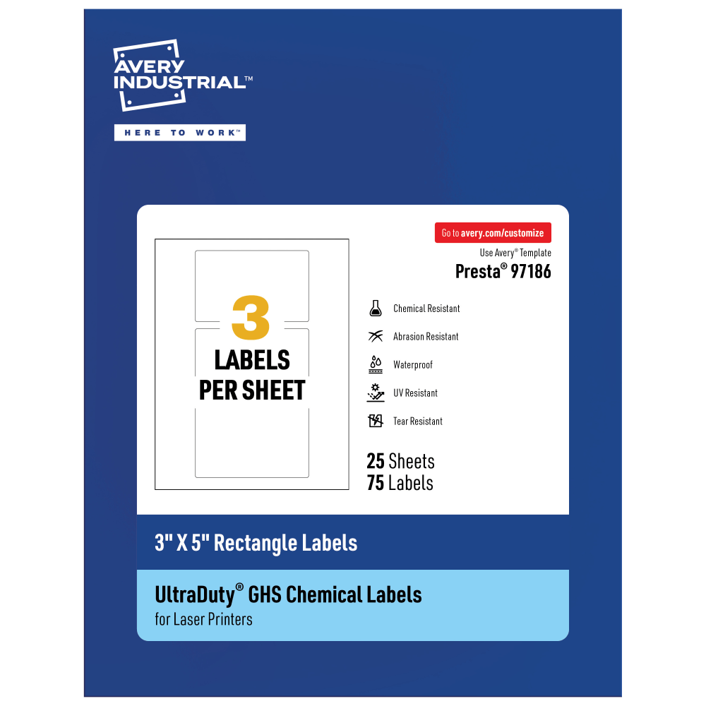 Avery Ultra Duty Permanent GHS Chemical Labels, 97186-WMU25, Rectangle, 3in x 5in, White, Pack Of 75