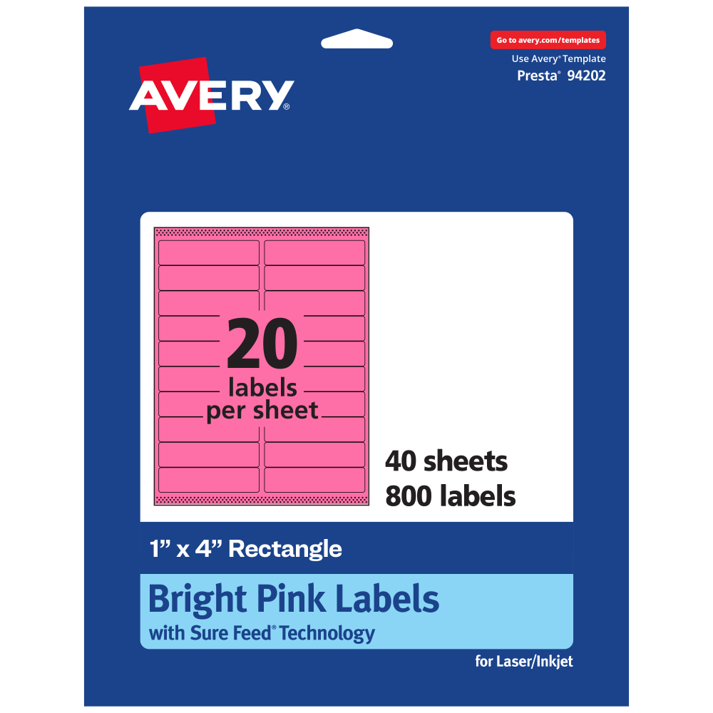 Avery Printable Labels With Sure Feed Technology, 94202-BPP40, Rectangle, 1in x 4in, Matte Bright Pink, Pack of 800