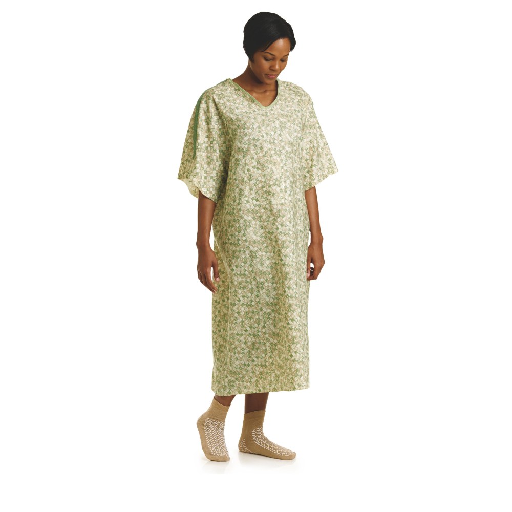 Medline Royale Print Deluxe Cut IV Patient Gowns, Plastic Snaps, Royale Sage/Beige, Pack Of 12