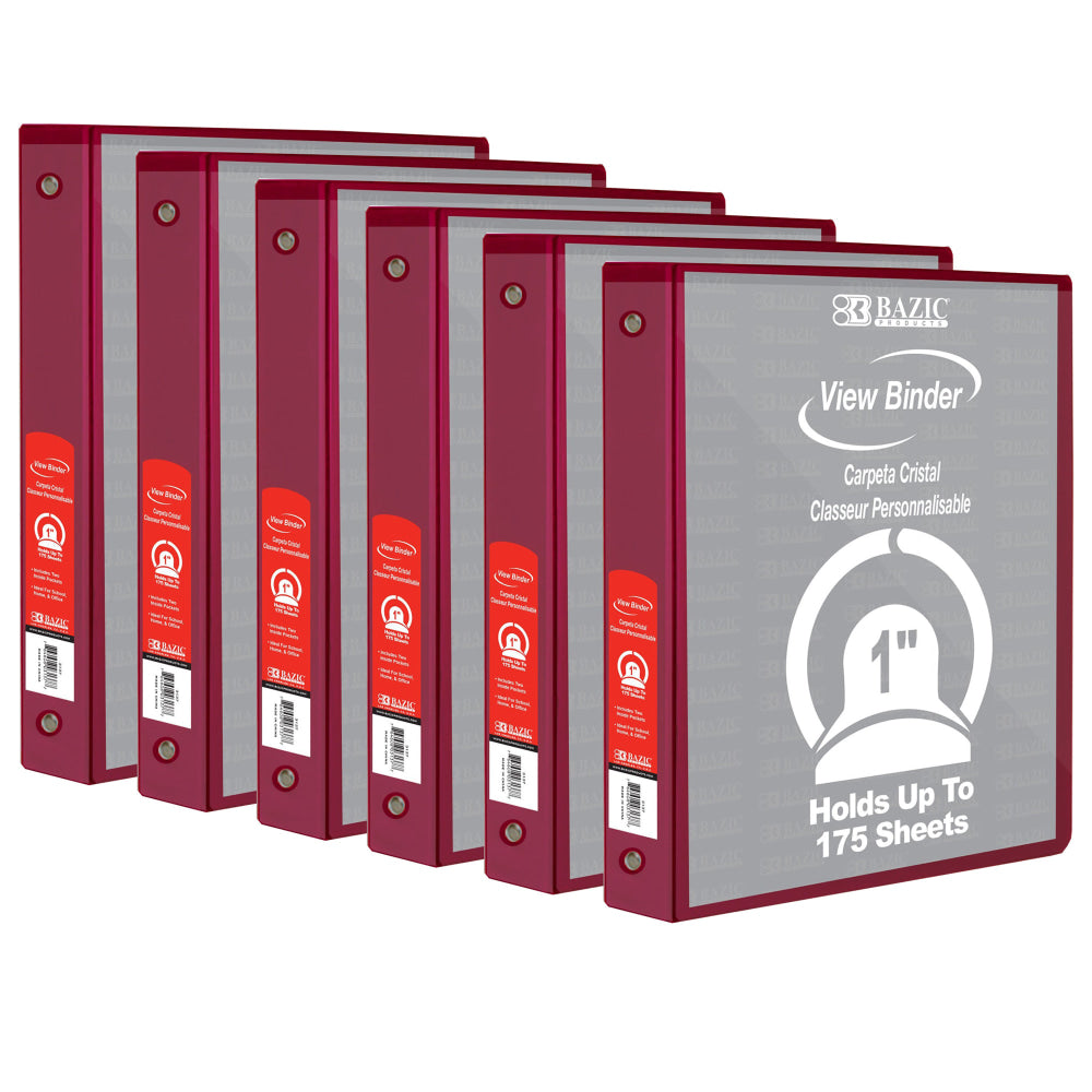BAZIC Products 3-Ring View Binder With 2 Pockets, 1in Round, Burgundy, Pack Of 6
