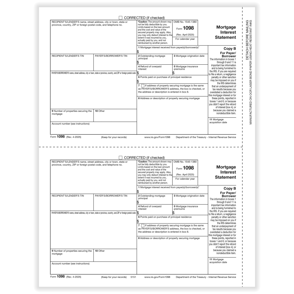 ComplyRight 1098 Tax Forms, 2-Up, Payer/Borrower Copy B, Laser, 8-1/2in x 11in, Pack Of 100 Forms, 51515025