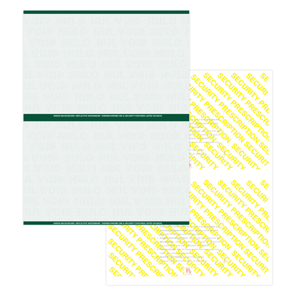 High Security Medicaid Compliant Laser RX Prescription Paper Stock - 2 Up On 8.5in x 11in Perforated Sheet, Green, Pack Of 500 Sheets