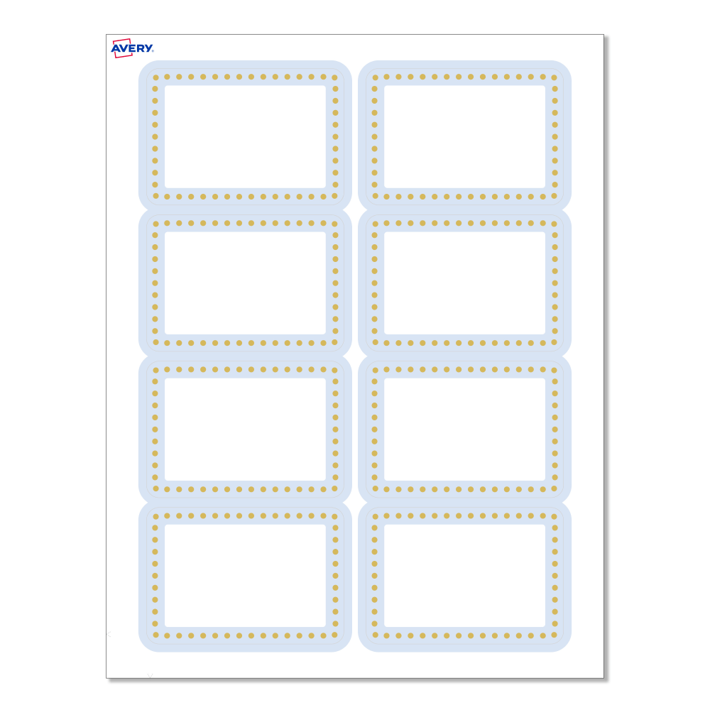 Avery Printable Adhesive Name Badges/Preprinted Designs, Rectangle, S00-EY7, 2-1/3in x 3-3/8in, Matte White/Blue Border/Gold Dots, Pack Of 80
