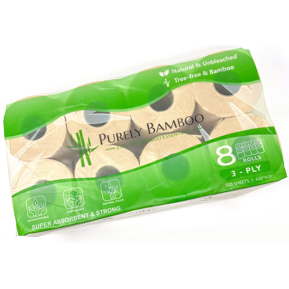 Purely Bamboo 3-Ply Toilet Paper, 500 Sheets Per Roll, 5in x 5in, Pack Of 8 Rolls