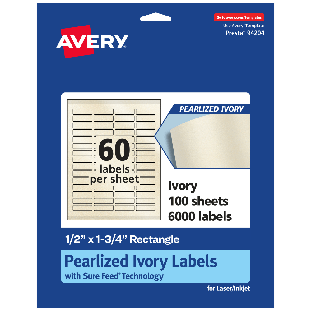 Avery Pearlized Permanent Labels With Sure Feed, 94204-PIP100, Rectangle, 1/2in x 1-3/4in, Ivory, Pack Of 6,000 Labels