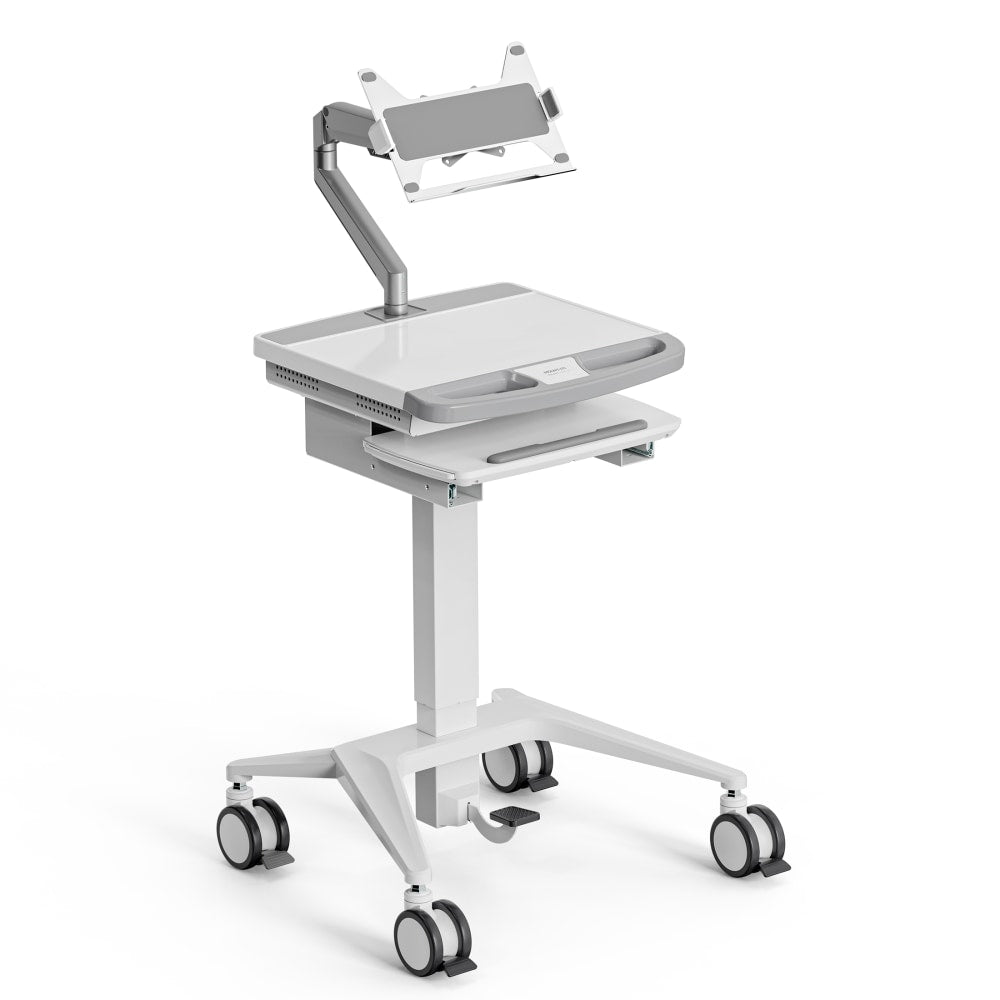 Mount-It! MedHub Mobile Medical Cart Workstation With Spring Arm Laptop Mount, White/Gray