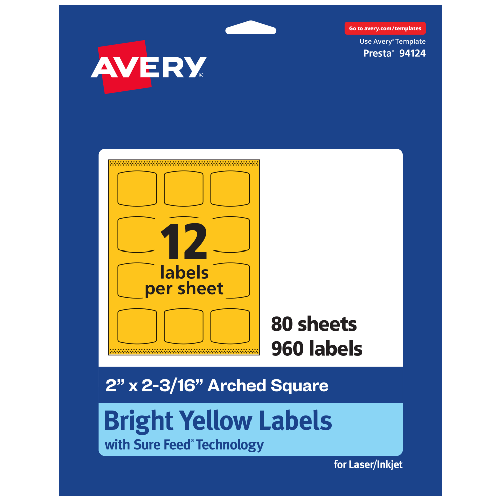 Avery Print-To-The-Edge Labels With Sure Feed Technology, 94124-BYP80, Arched Square, 2in x 2-3/16in, Matte Bright Yellow, Pack of 960