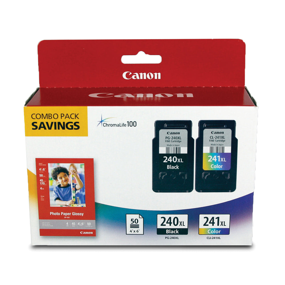 Canon PG-240XL Black/CL-241XL ChromaLife 100 Tri-Color High-Yield Ink Cartridges And Paper, Pack Of 2, 5206B005