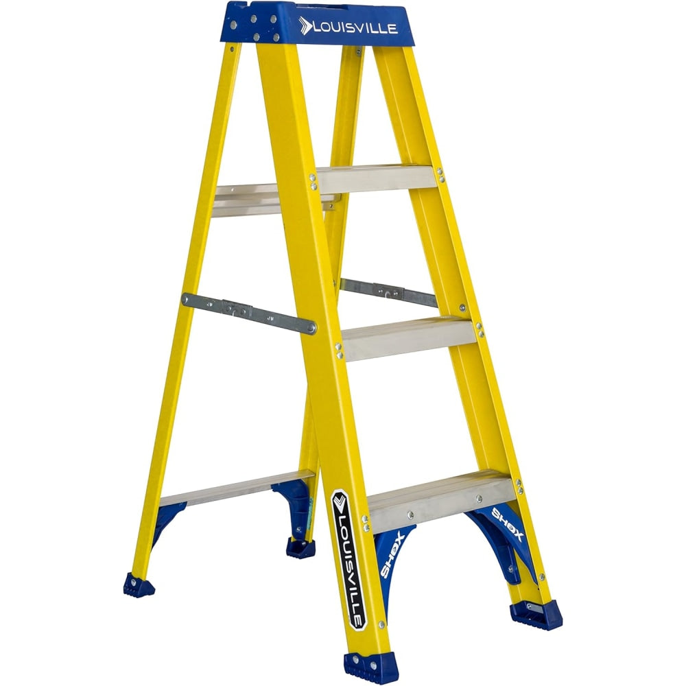Louisville Fiberglass 4-Step Step-Ladder, 250 Lb Capacity, 20in x 46in, Yellow/Blue