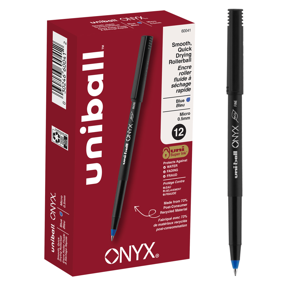 uni-ball Onyx Rollerball Pens, Micro Point, 0.5 mm, Black Barrel, Blue Ink, Pack Of 12