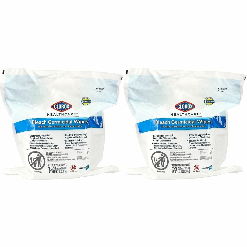 Clorox Healthcare Bleach Germicidal Wipes Bucket Refill - Ready-To-Use - 12in Length x 12in Width - Anti-corrosive - White - 110/Tub - 2 / Pallet