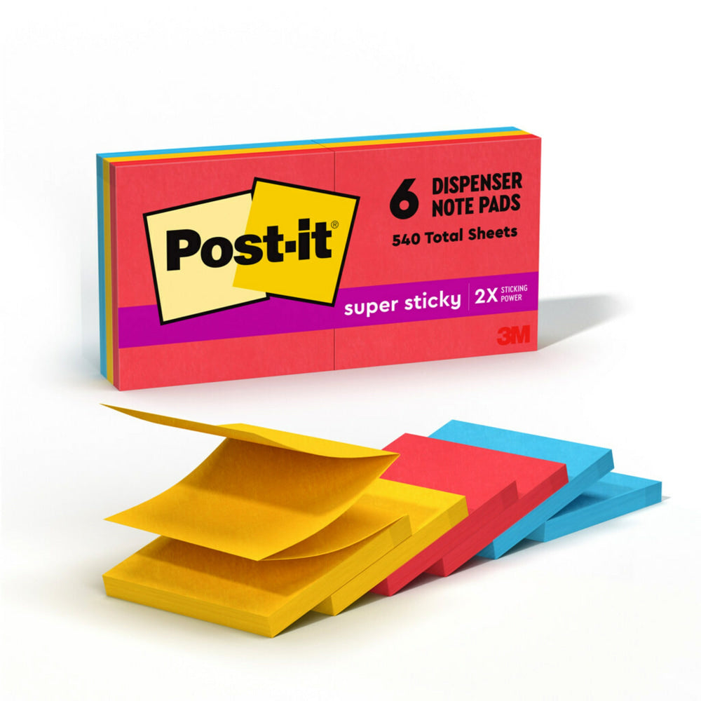 Post-it Super Sticky Pop Up Notes, 3 x 3 in, 6 Sticky Note Pads, 90 Sheets/Pad, 2X the Sticking Power, School Supplies, Playful Primaries
