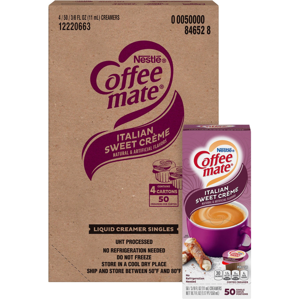 Coffee mate Italian Sweet Creme Nondairy Liquid Creamer Singles - Italian Sweet Creme Flavor - 0.38 fl oz (11 mL) - 200 Serving - 50/Box - 4 / Carton